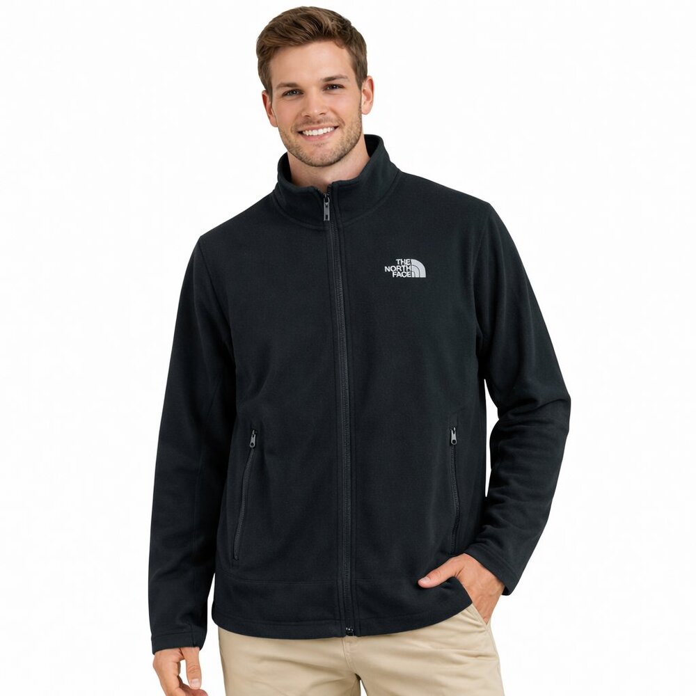 The North Face Men Sz M Black Fleece Full Zip Jacket Embroidered Logo Zip Pocket
